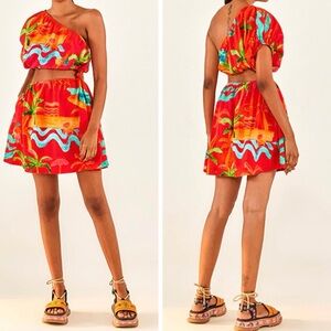 Farm Rio One- Shoulder Cutout Linen Blend Mini Dress, Size L